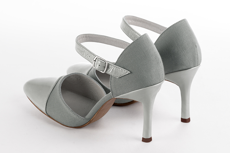 Pearl grey women's open side shoes, with an instep strap. Round toe. Very high slim heel. Rear view - Florence KOOIJMAN